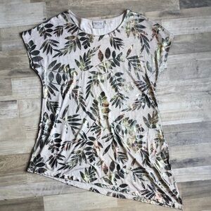 Dantelle Womens Tee Shirt Asymmetrical Metallic Leaves Lightweight Tan Size M